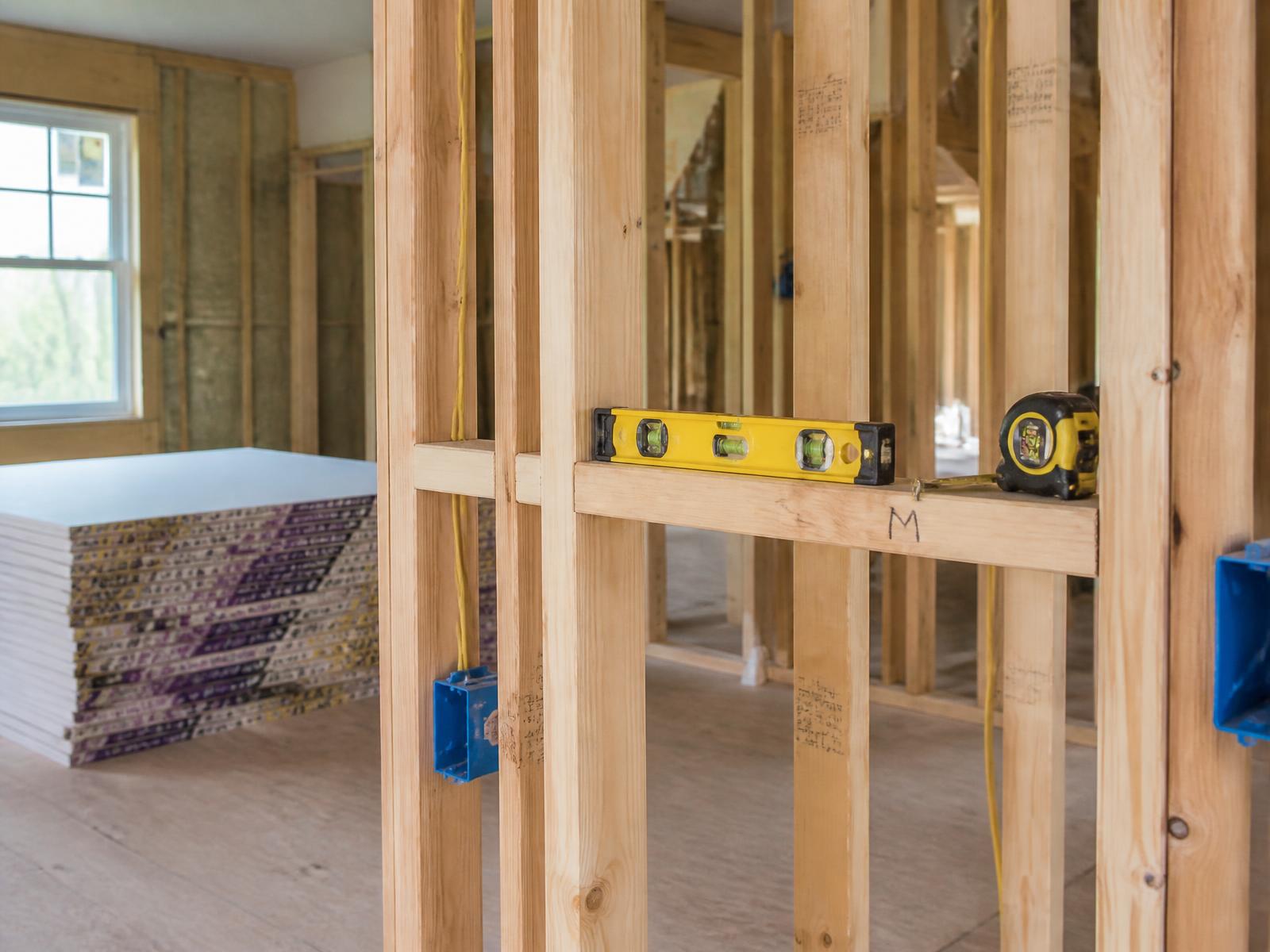 Precisely framed interior wall with level and tape measure on a Pro One renovation jobsite