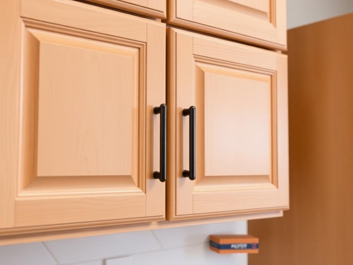 Refinished wood cabinet doors with new hardware
