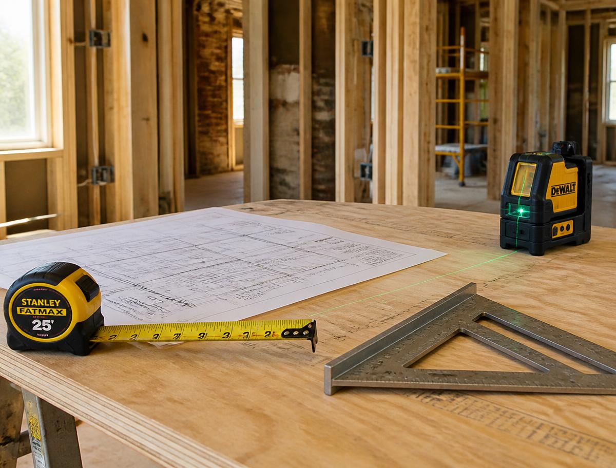 Tape measure, laser level, framing square and blueprints staged on a jobsite workbench