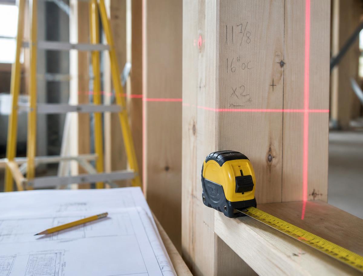 Tape measure, laser level line and blueprints on a framed wall at a renovation jobsite