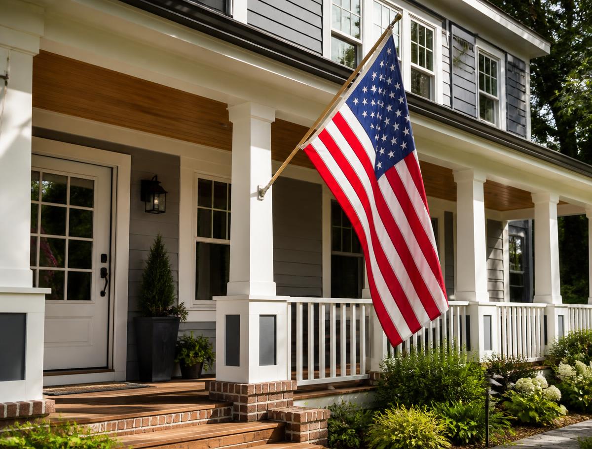 American flag on the porch of a freshly renovated home with crisp white trim