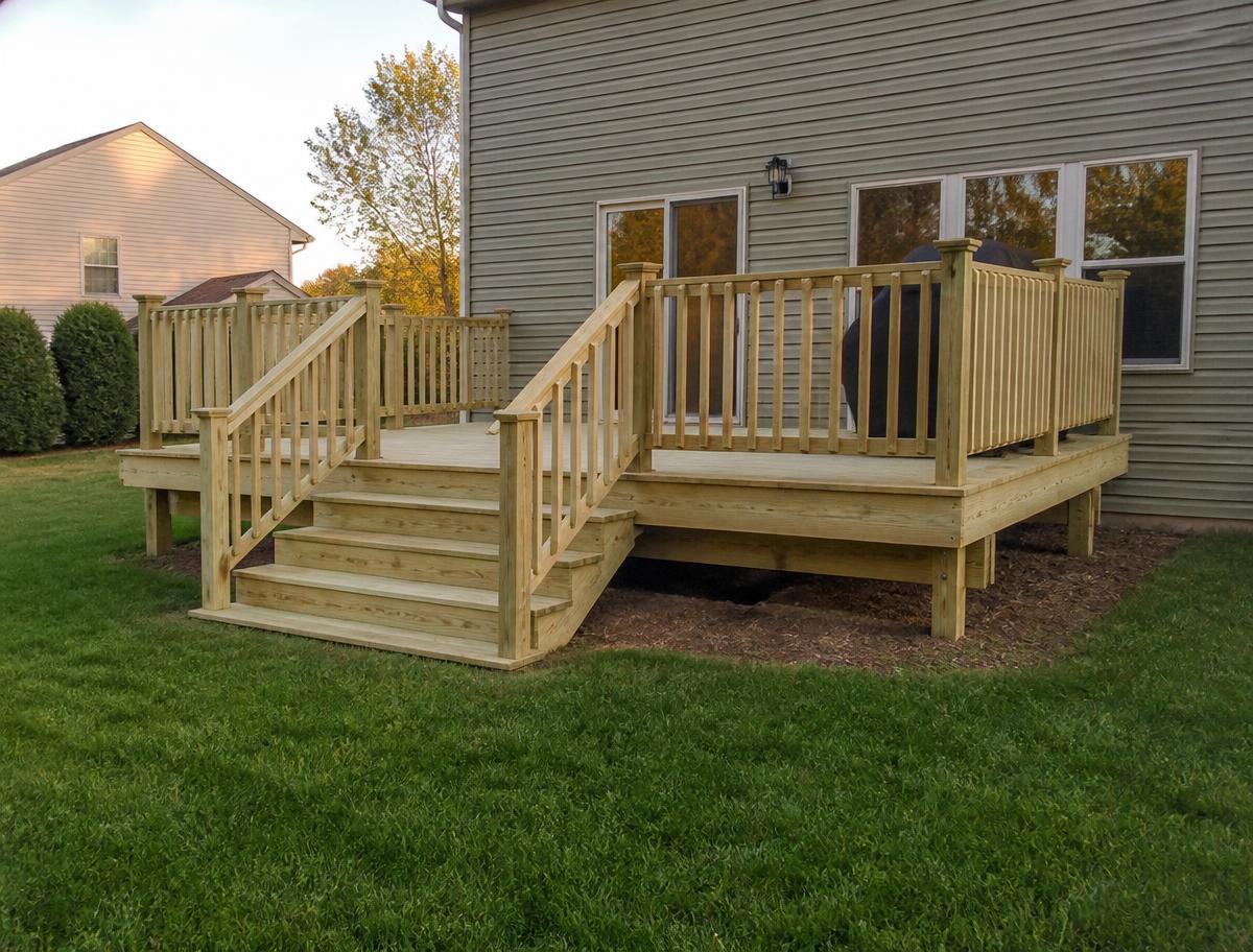 Newly built pressure-treated backyard deck with railings and steps