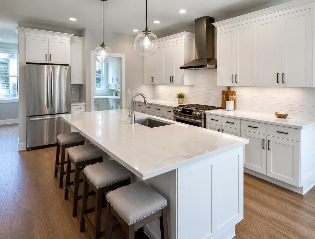 Newly renovated custom kitchen with white shaker cabinets and quartz island by Pro One