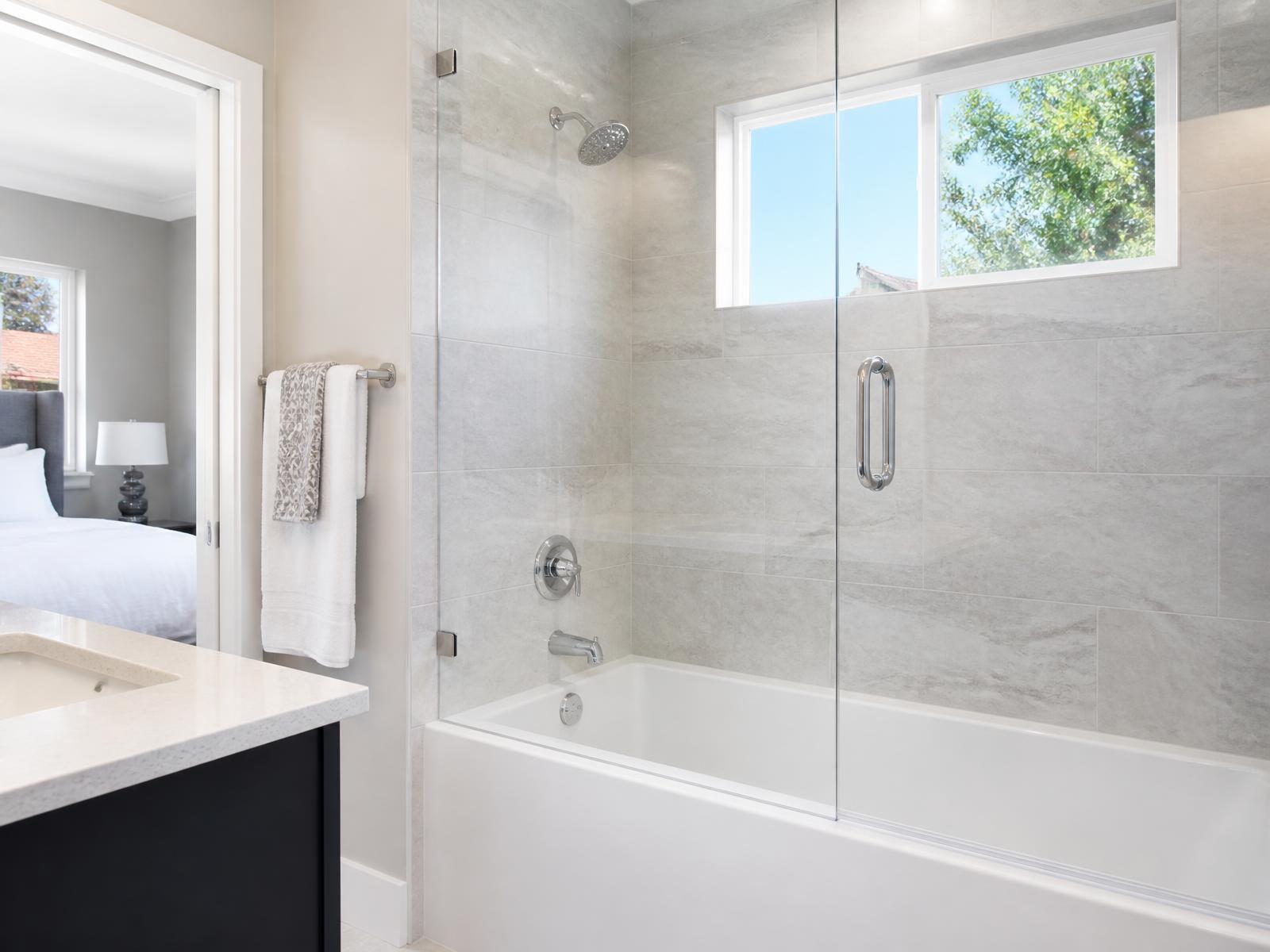 Pro One bathroom remodel in York PA with white tub and subway tile