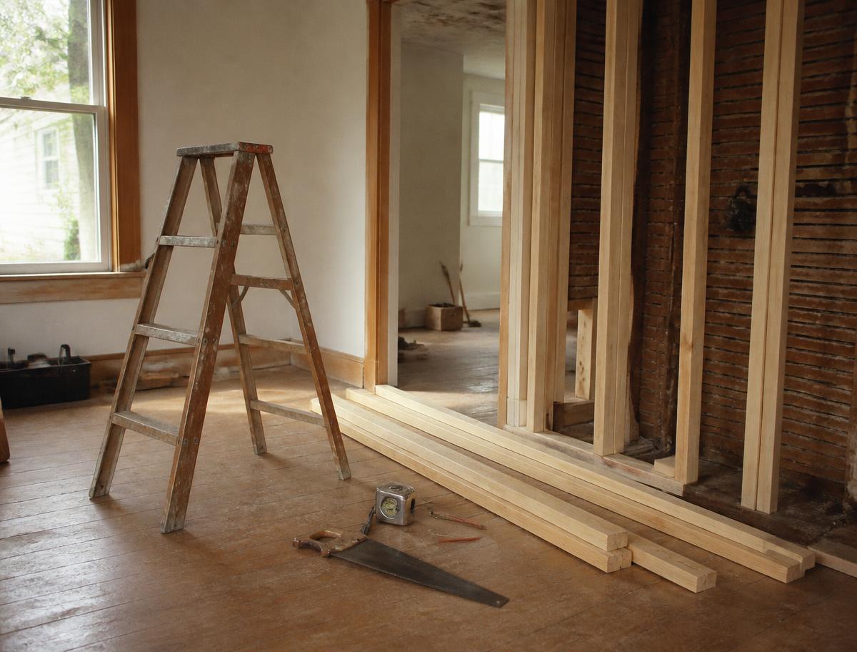 Vintage wooden ladder, hand saw and framing lumber inside an older York PA home being renovated