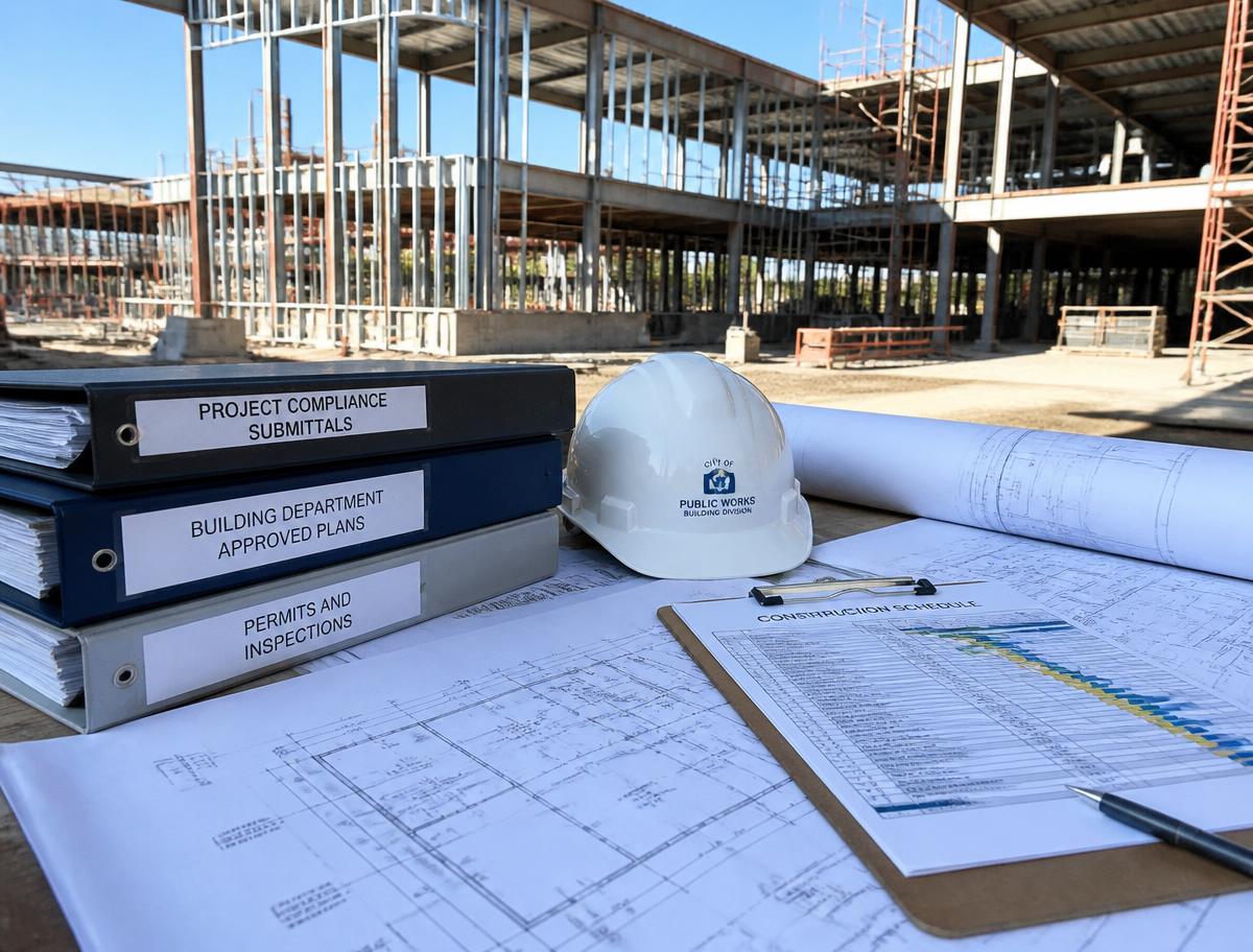 Permit binders, approved blueprints and a construction schedule on a large steel-framed government jobsite