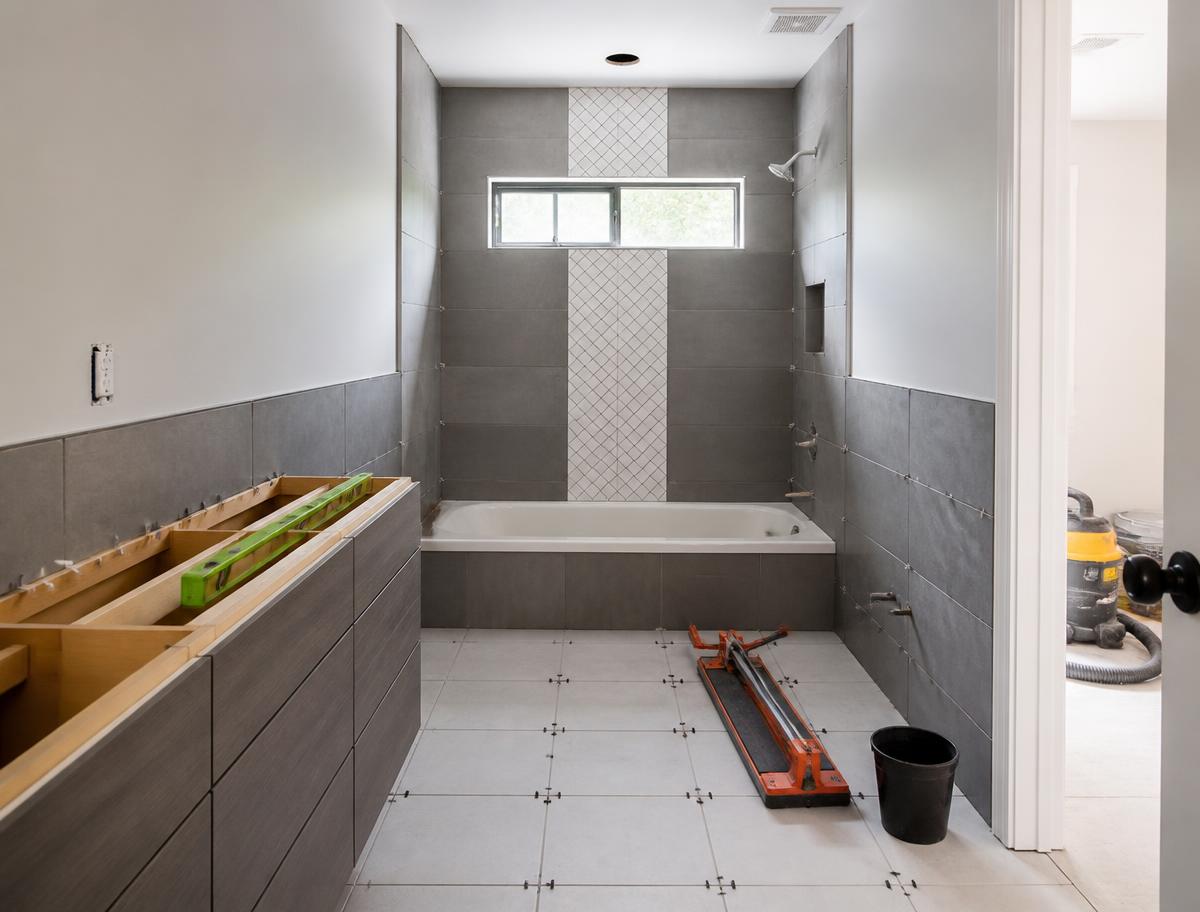 Bathroom remodel in progress with new tile, level and tile cutter staged neatly