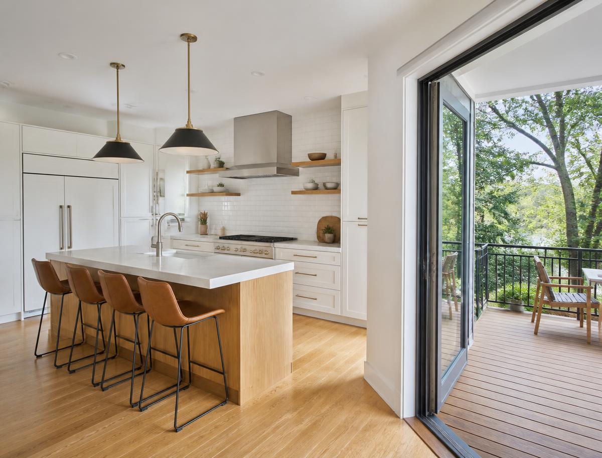 Finished modern kitchen opening onto a newly built deck in a renovated suburban home