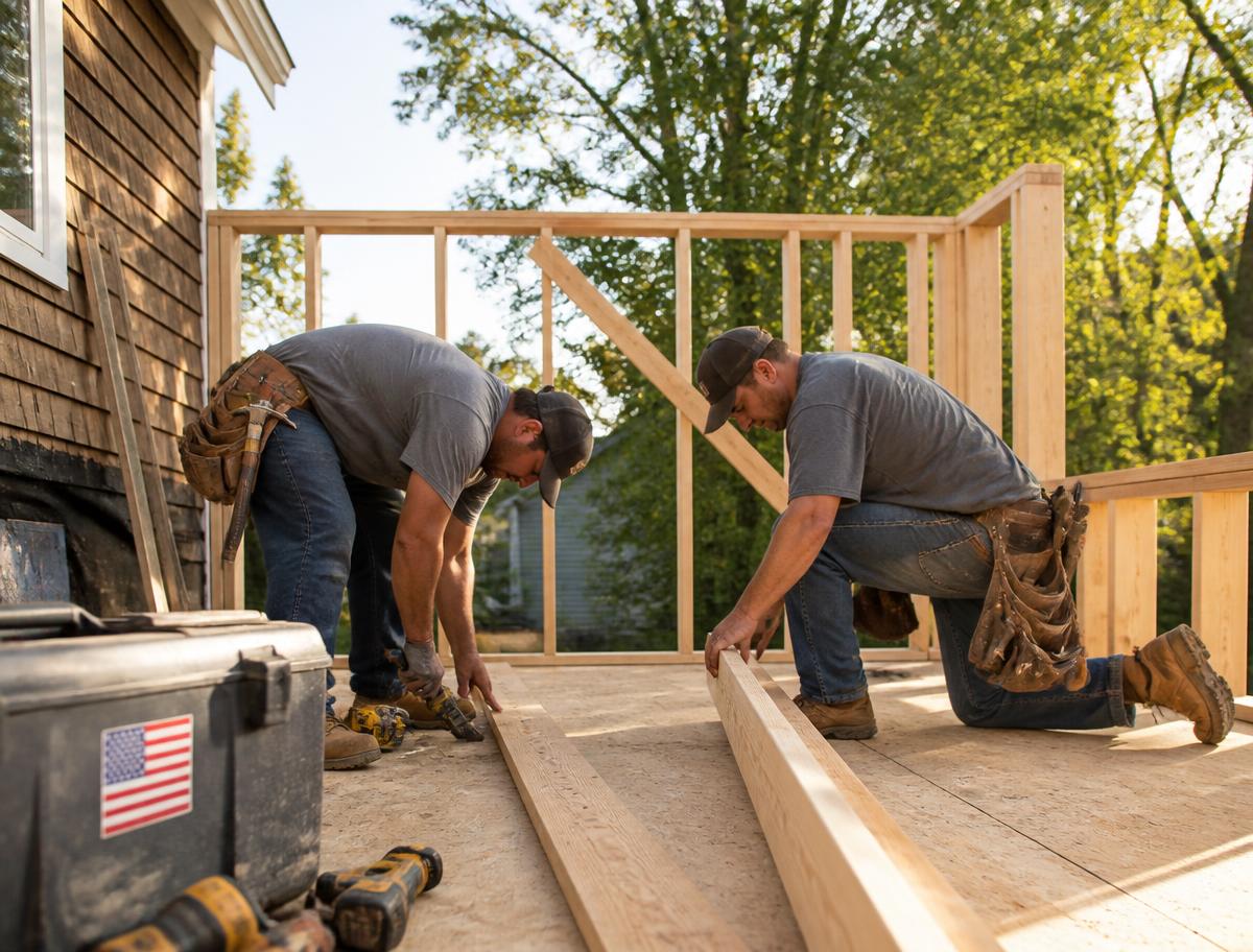 Pro One carpenters framing a residential addition with American-made lumber