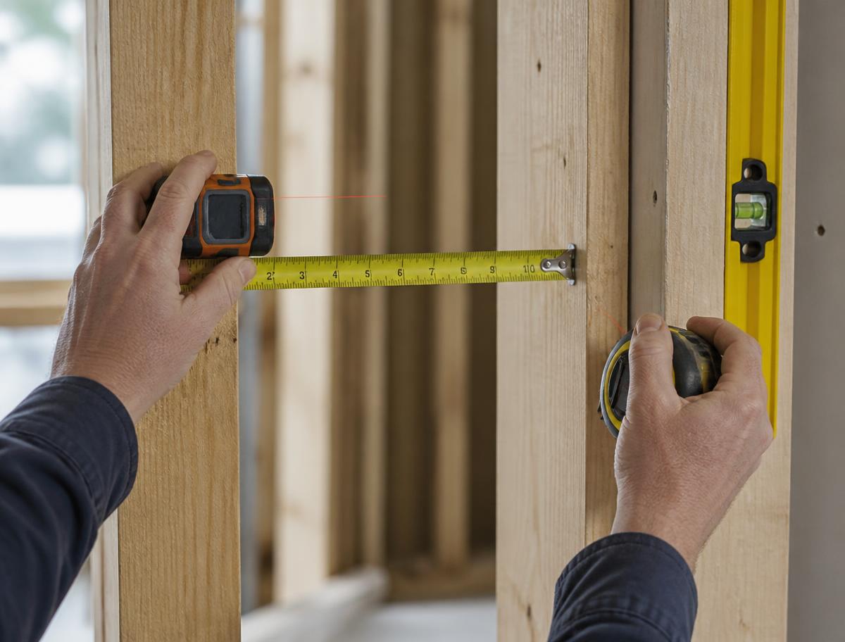 Pro One craftsman checking a level and measurements on a renovation jobsite